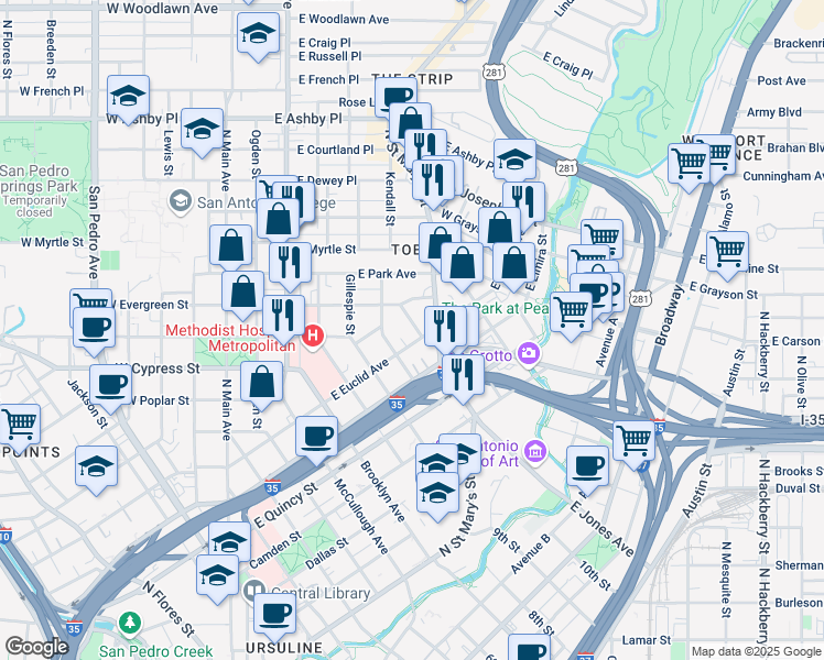 map of restaurants, bars, coffee shops, grocery stores, and more near 640 East Evergreen Street in San Antonio