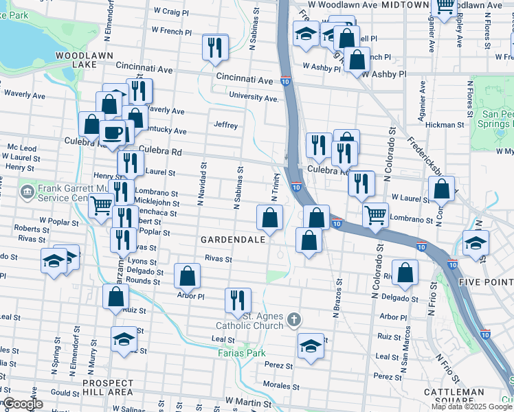 map of restaurants, bars, coffee shops, grocery stores, and more near 722 Lombrano Street in San Antonio