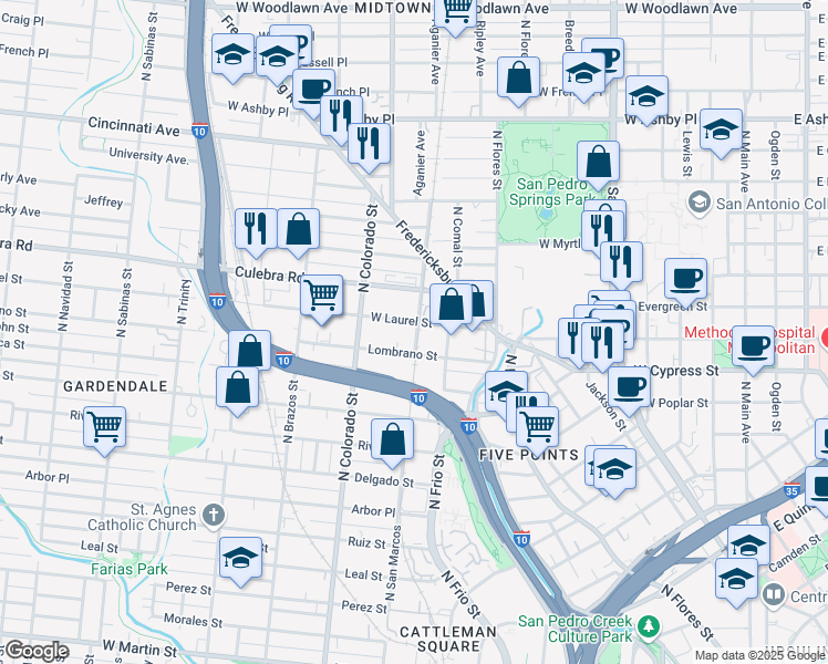 map of restaurants, bars, coffee shops, grocery stores, and more near 1018 West Laurel Street in San Antonio