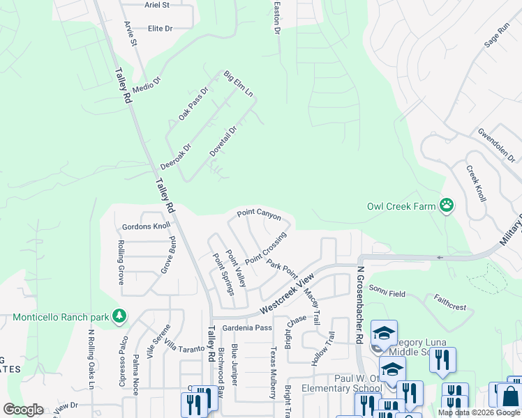 map of restaurants, bars, coffee shops, grocery stores, and more near 12647 Point Canyon in San Antonio