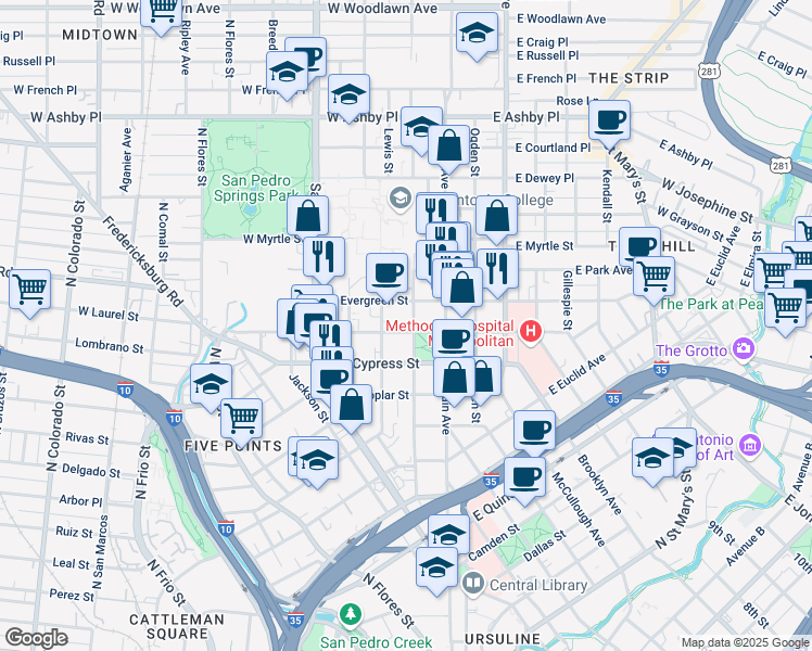 map of restaurants, bars, coffee shops, grocery stores, and more near 601 Howard Street in San Antonio