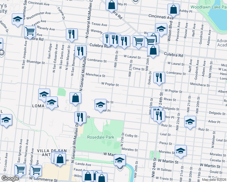 map of restaurants, bars, coffee shops, grocery stores, and more near 2411 Rivas Street in San Antonio