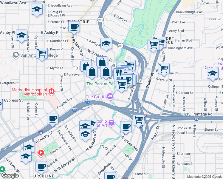 map of restaurants, bars, coffee shops, grocery stores, and more near 117 Schiller Street in San Antonio