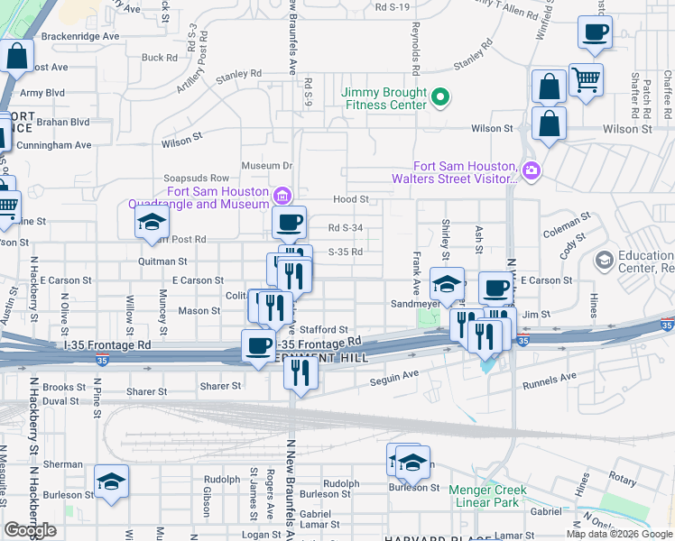 map of restaurants, bars, coffee shops, grocery stores, and more near 2263 Infantry Post Road in San Antonio