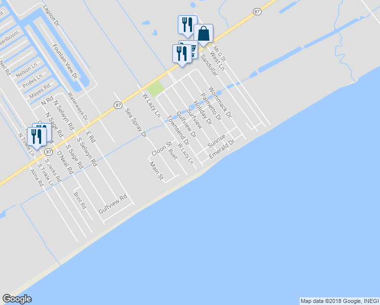 map of restaurants, bars, coffee shops, grocery stores, and more near 851 Townsend Drive in Bolivar Peninsula