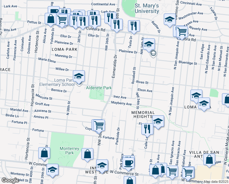 map of restaurants, bars, coffee shops, grocery stores, and more near 114 Esmeralda Drive in San Antonio
