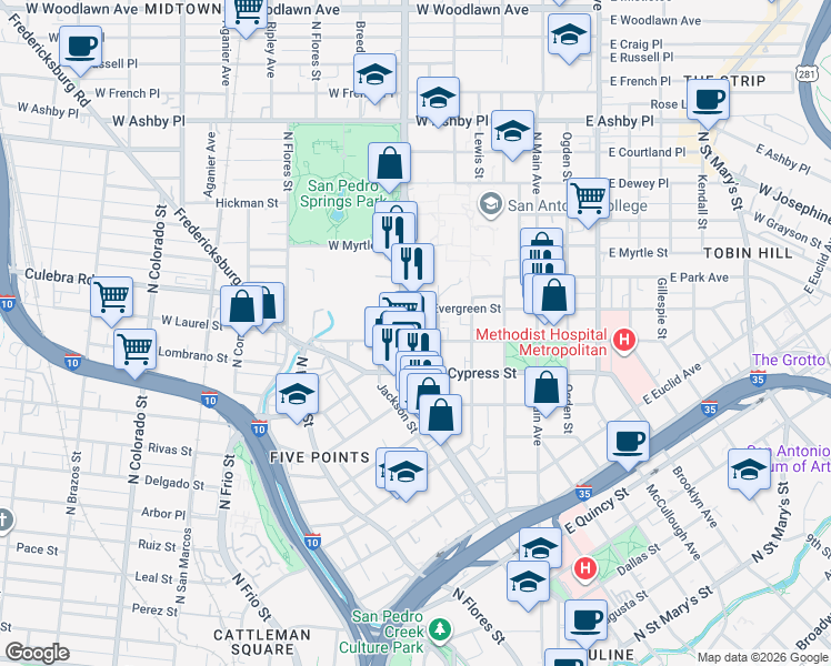 map of restaurants, bars, coffee shops, grocery stores, and more near 902 San Pedro Avenue in San Antonio