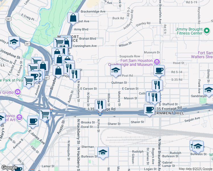 map of restaurants, bars, coffee shops, grocery stores, and more near 110 Muth Street in San Antonio