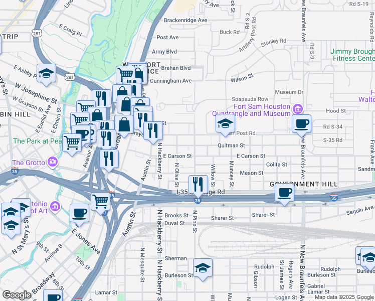 map of restaurants, bars, coffee shops, grocery stores, and more near in San Antonio
