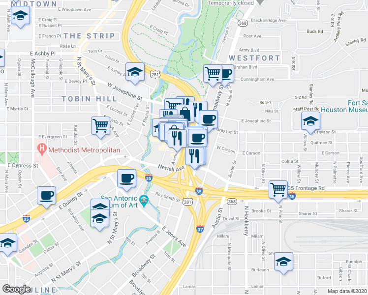 map of restaurants, bars, coffee shops, grocery stores, and more near 401 Pearl Parkway in San Antonio