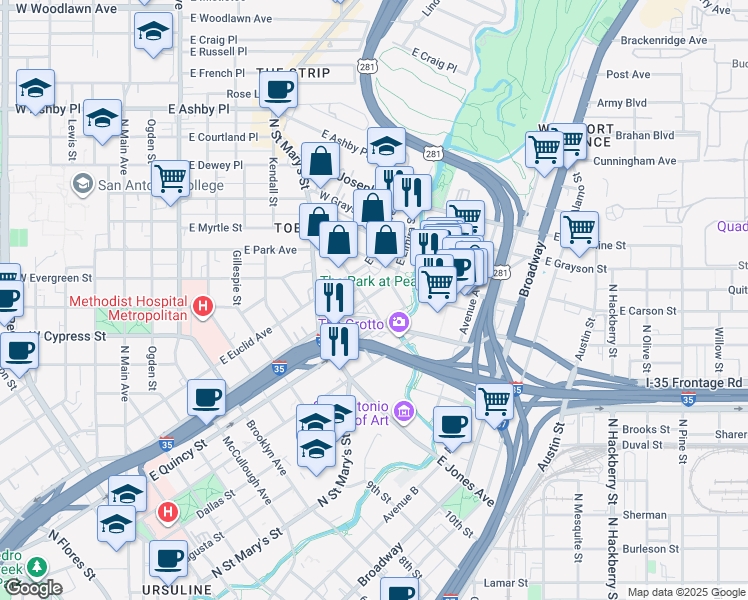 map of restaurants, bars, coffee shops, grocery stores, and more near in San Antonio