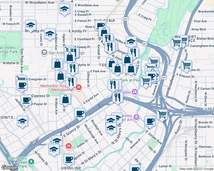 map of restaurants, bars, coffee shops, grocery stores, and more near 640 East Evergreen Street in San Antonio