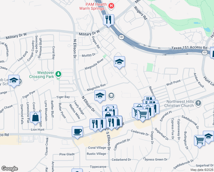 map of restaurants, bars, coffee shops, grocery stores, and more near 9802 Magnolia Run in San Antonio