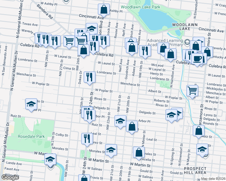 map of restaurants, bars, coffee shops, grocery stores, and more near 1302 Northwest 22nd Street in San Antonio