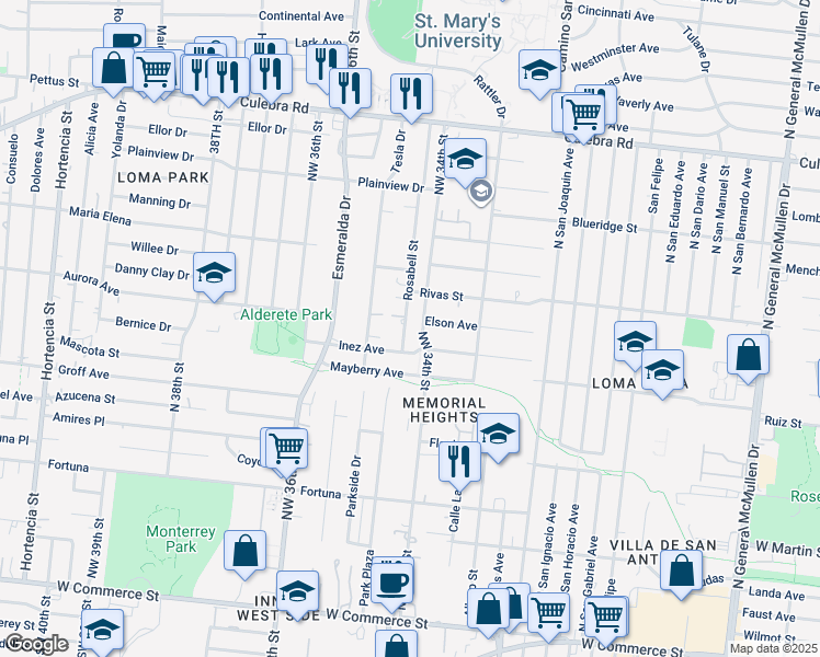 map of restaurants, bars, coffee shops, grocery stores, and more near 114 Rosabell Street in San Antonio