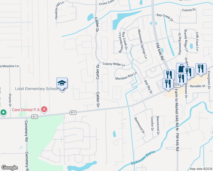 map of restaurants, bars, coffee shops, grocery stores, and more near 6836 Arbor Hollow Lane in Dickinson