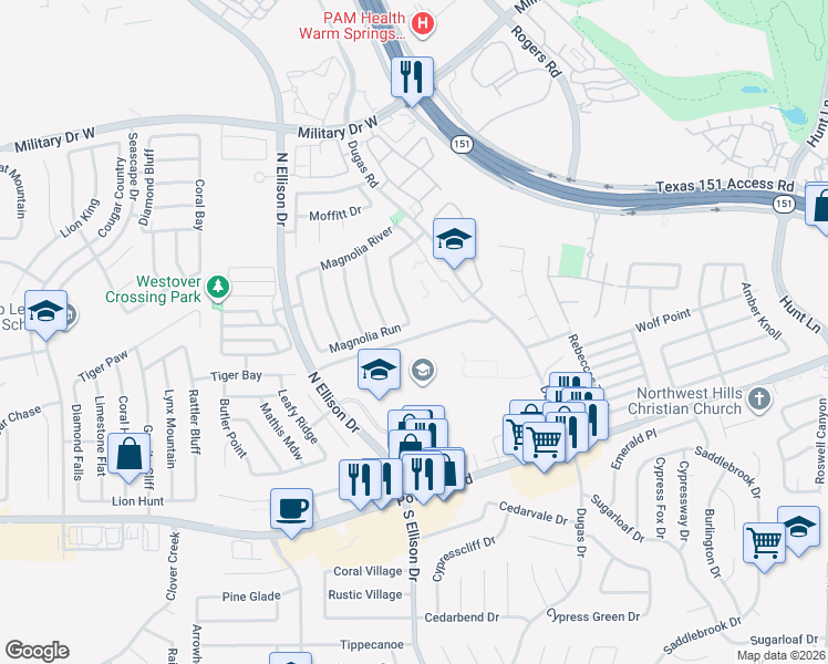 map of restaurants, bars, coffee shops, grocery stores, and more near 9802 Magnolia Run in San Antonio
