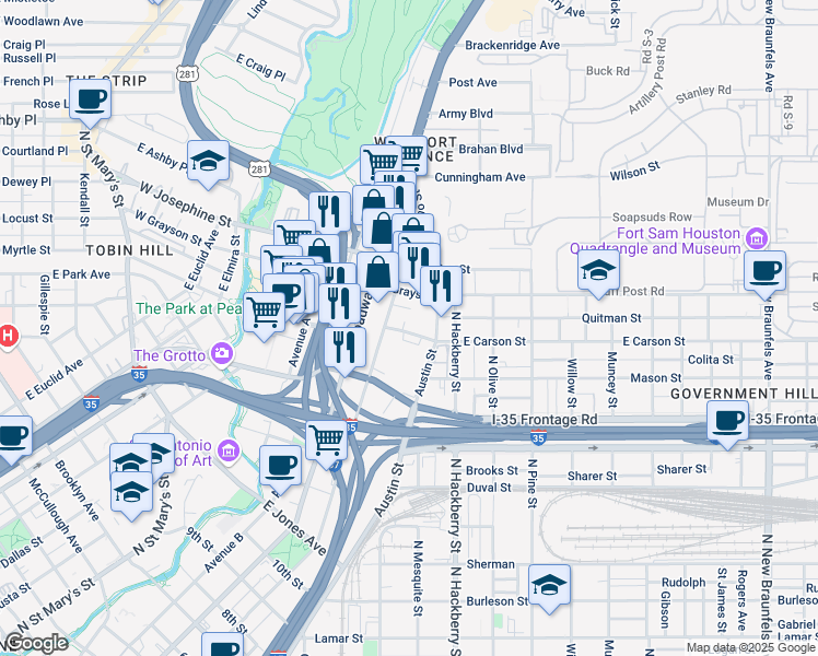 map of restaurants, bars, coffee shops, grocery stores, and more near 131 West Carson in San Antonio