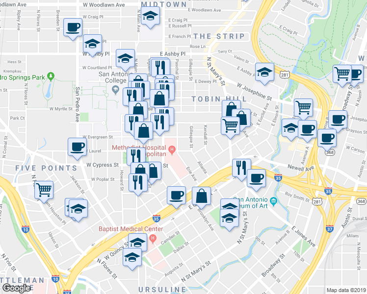 map of restaurants, bars, coffee shops, grocery stores, and more near 411 E Laurel in San Antonio
