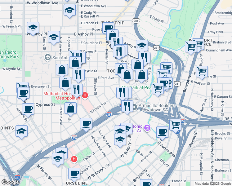 map of restaurants, bars, coffee shops, grocery stores, and more near 709 East Evergreen Street in San Antonio
