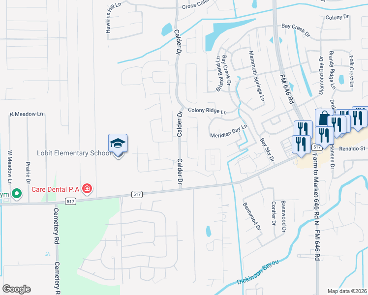 map of restaurants, bars, coffee shops, grocery stores, and more near 3031 Crape Myrtle Bend Lane in Dickinson