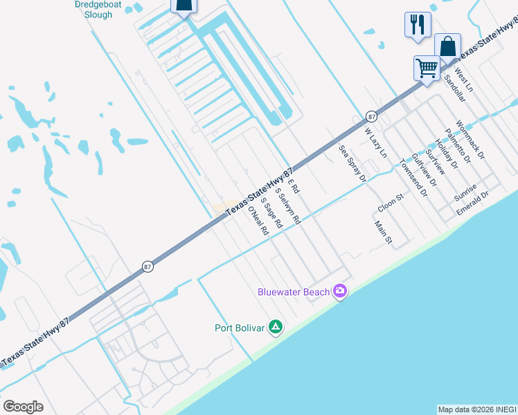 map of restaurants, bars, coffee shops, grocery stores, and more near 990 O' Neil Road in Bolivar Peninsula