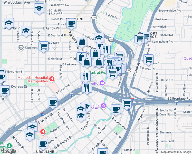 map of restaurants, bars, coffee shops, grocery stores, and more near in San Antonio