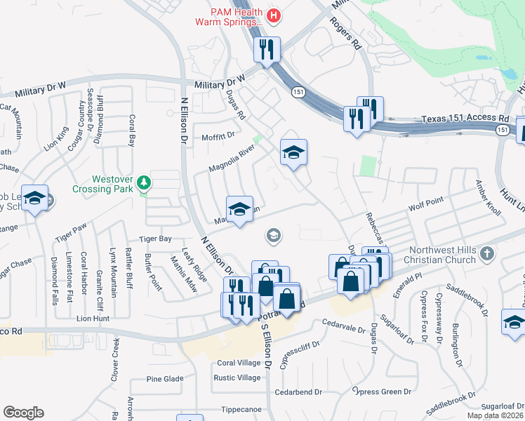 map of restaurants, bars, coffee shops, grocery stores, and more near 9802 Magnolia Run in San Antonio
