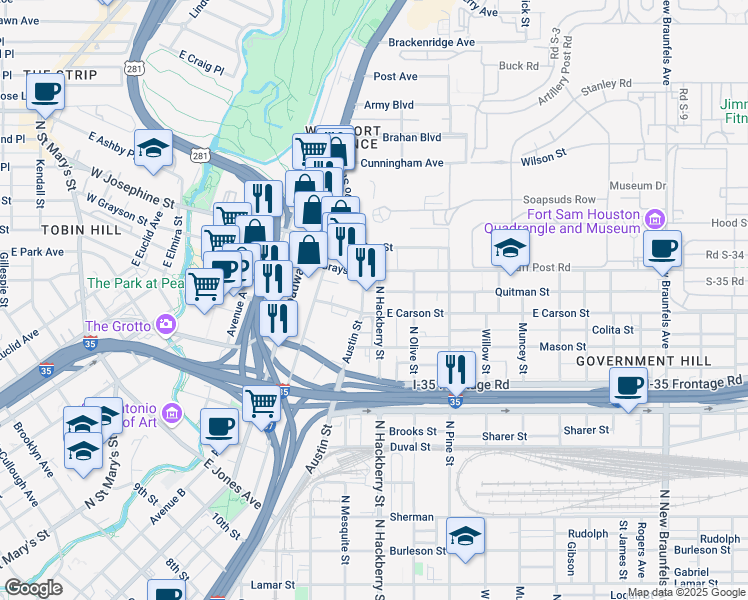 map of restaurants, bars, coffee shops, grocery stores, and more near 1811 North Hackberry in San Antonio