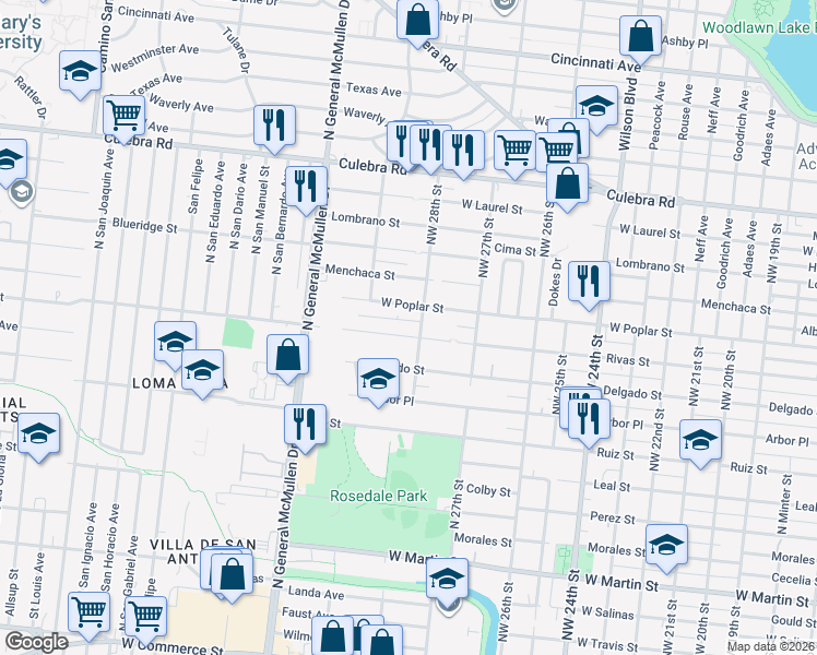 map of restaurants, bars, coffee shops, grocery stores, and more near 2411 Rivas Street in San Antonio