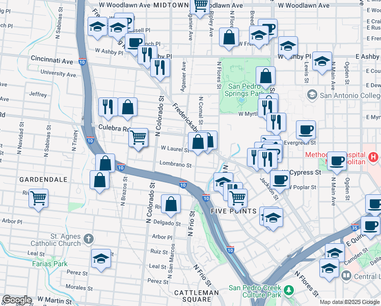 map of restaurants, bars, coffee shops, grocery stores, and more near 1018 West Laurel Street in San Antonio