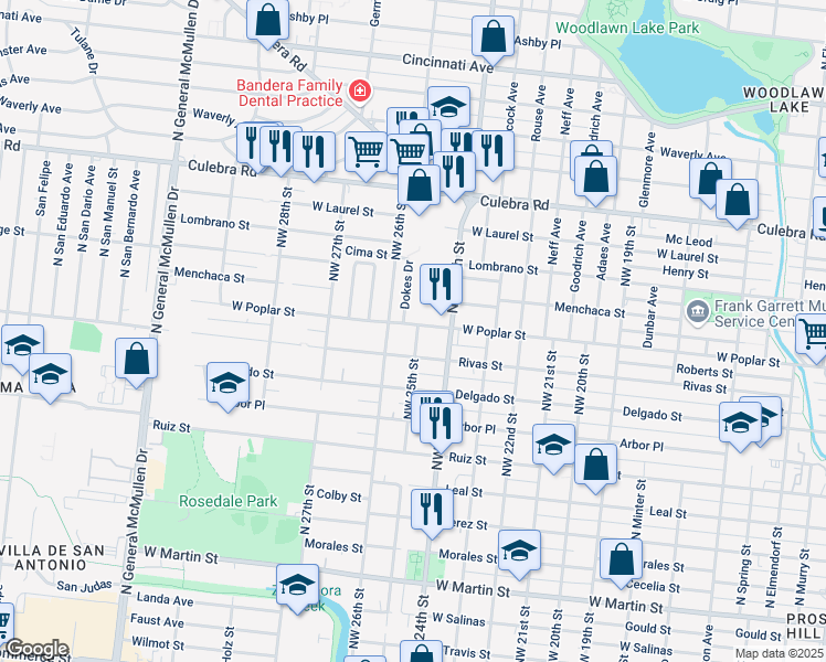map of restaurants, bars, coffee shops, grocery stores, and more near 3304 West Poplar Street in San Antonio