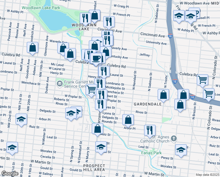 map of restaurants, bars, coffee shops, grocery stores, and more near 244 Micklejohn Street in San Antonio