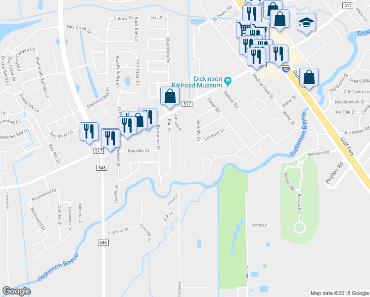 map of restaurants, bars, coffee shops, grocery stores, and more near 506 Brays Court in Dickinson