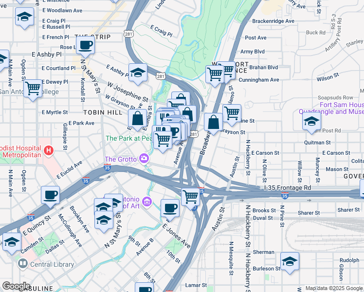 map of restaurants, bars, coffee shops, grocery stores, and more near in San Antonio