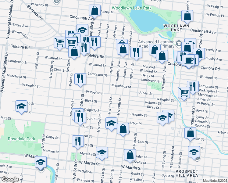 map of restaurants, bars, coffee shops, grocery stores, and more near 105 Goodrich Avenue in San Antonio