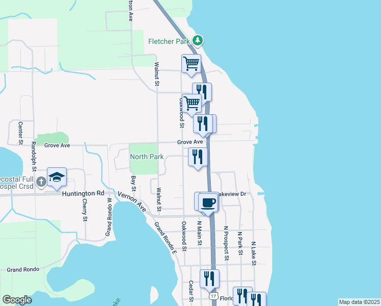 map of restaurants, bars, coffee shops, grocery stores, and more near 840 Oakwood Street in Crescent City