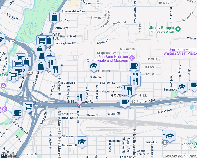 map of restaurants, bars, coffee shops, grocery stores, and more near 538 Quitman Street in San Antonio