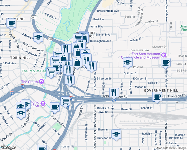 map of restaurants, bars, coffee shops, grocery stores, and more near 1811 North Hackberry in San Antonio