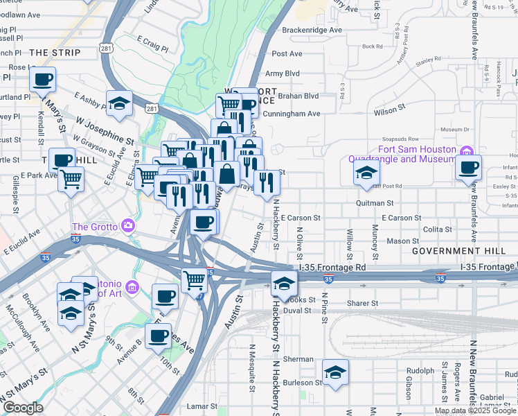 map of restaurants, bars, coffee shops, grocery stores, and more near 131 West Carson in San Antonio