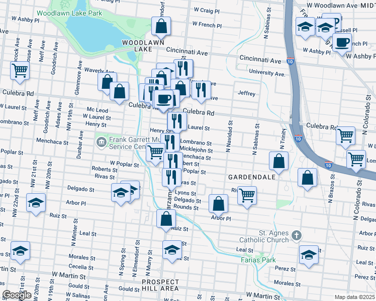 map of restaurants, bars, coffee shops, grocery stores, and more near 244 Micklejohn Street in San Antonio
