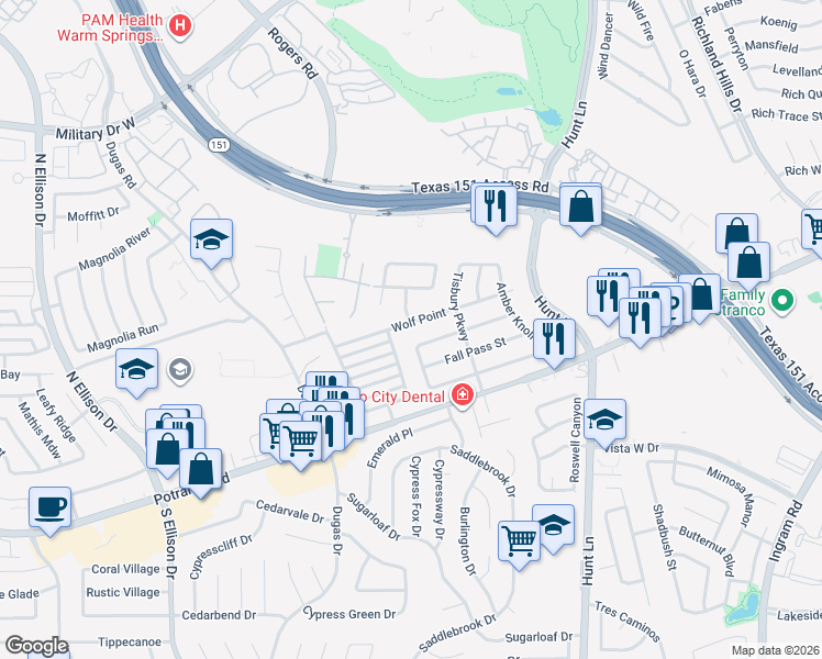 map of restaurants, bars, coffee shops, grocery stores, and more near 9544 Wolf Point in San Antonio
