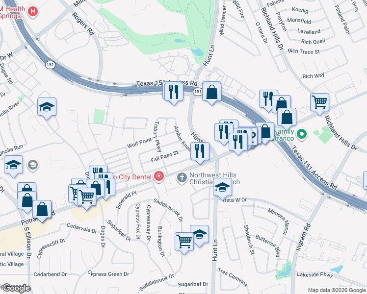 map of restaurants, bars, coffee shops, grocery stores, and more near 9407 Fall Pass Street in San Antonio