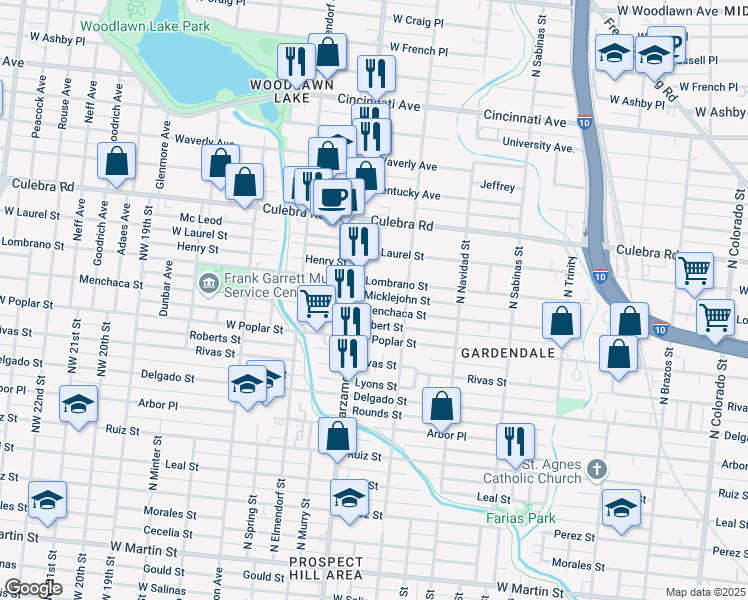 map of restaurants, bars, coffee shops, grocery stores, and more near 244 Micklejohn Street in San Antonio