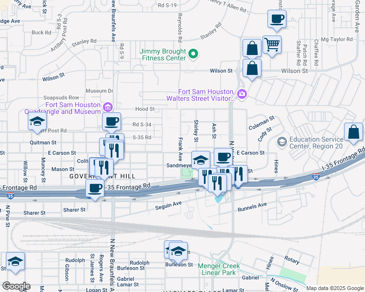 map of restaurants, bars, coffee shops, grocery stores, and more near 814 Frank Street in San Antonio