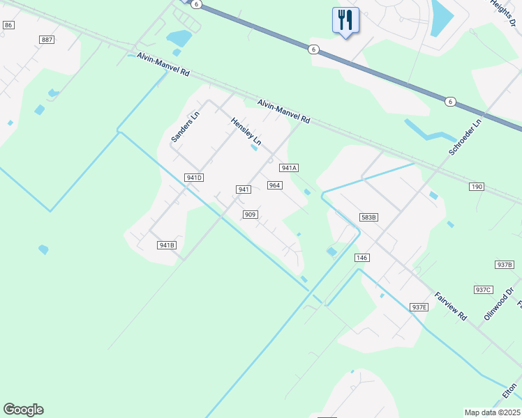 map of restaurants, bars, coffee shops, grocery stores, and more near 10331 County Road 909 in Alvin