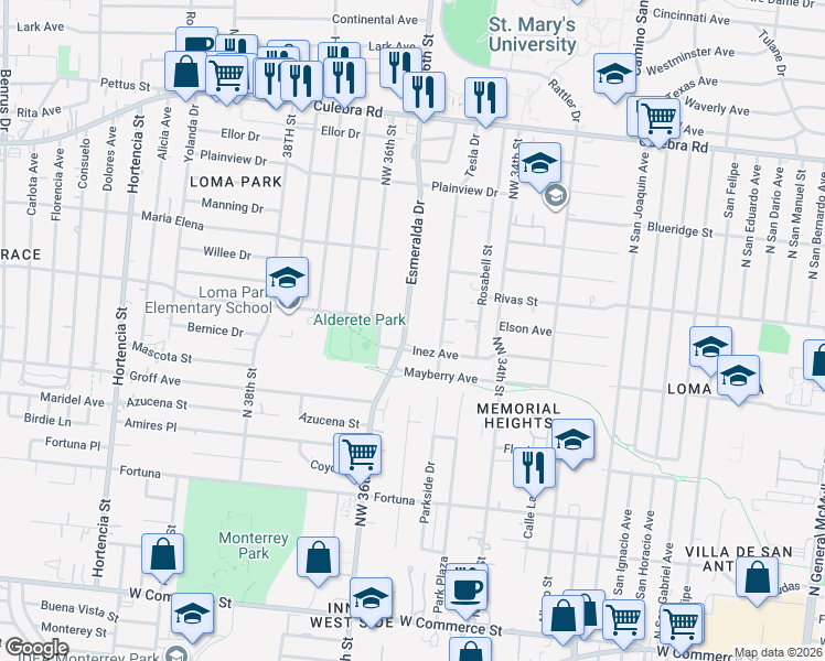 map of restaurants, bars, coffee shops, grocery stores, and more near 114 Esmeralda Drive in San Antonio