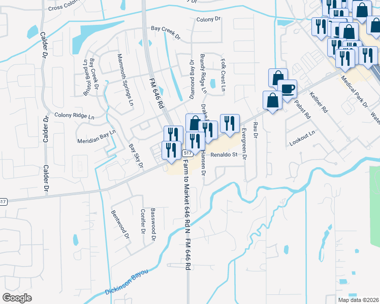 map of restaurants, bars, coffee shops, grocery stores, and more near in League City