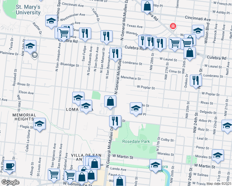 map of restaurants, bars, coffee shops, grocery stores, and more near North General McMullen Drive & Rivas Street in San Antonio
