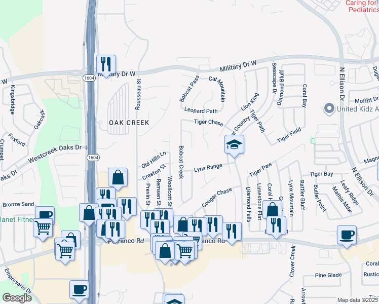 map of restaurants, bars, coffee shops, grocery stores, and more near 1003 Cat Mesa in San Antonio